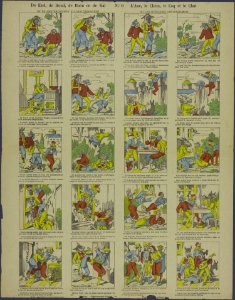 De ezel, de hond, de haan en de kat of De Amsterdammer stadsmuziekanten= L'ane, le chien, le coq et le chat ou Les musiciens Amsterdamois-Catchpenny print-PRENT 0121
