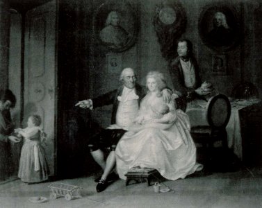 De Hell, Grand Bailli de Landser (1731-1794). Mme de Hell née de Savoy Rollin et leur fils, le futur amiral de Hell, donnant son goûter à un pauvre, Tableau de famille