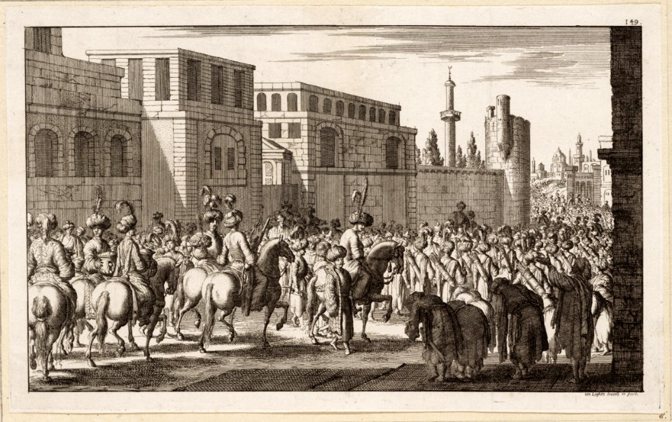 De gewone stoet bij het uitrijden van de groot-vizier, objectnr A 19608