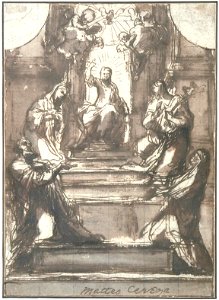 Cristo entronizado, el Espíritu Santo y santos en adoración - Mateo Cerezo