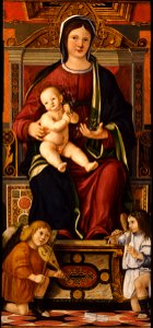 Cristoforo Caselli - The Virgin and Child Enthroned with Two Musician Angels - Google Art Project. Free illustration for personal and commercial use.