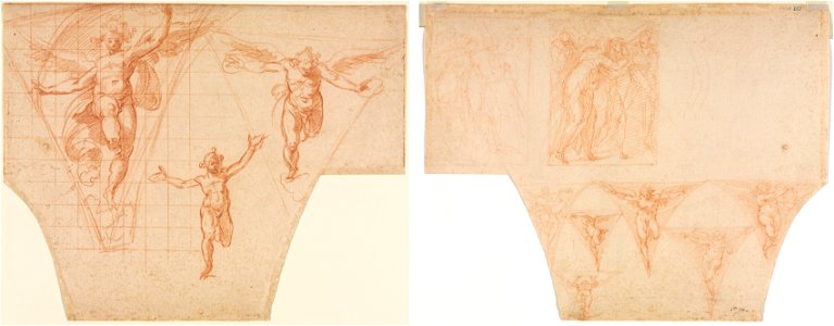 Cristoforo Roncalli (Italian, 1552-1626) - Three Studies of Angels for a Pendentive (recto), Studies for Christ Meeting His Mother on the Road - 1989.45 - Cleveland Museum of Art