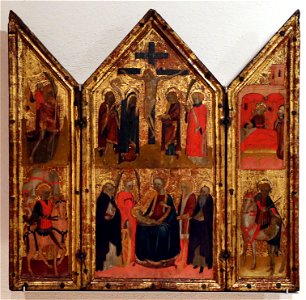 Cristoforo moretti (ambito), trittichetto con la crocifissione, madonna col bambino e santi, cremona 1450 ca