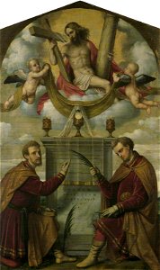 Cristo eucaristico con i santi Cosma e Damiano (Moretto). Free illustration for personal and commercial use.