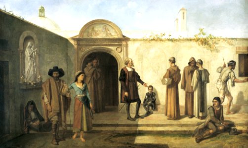 Cristóbal Colón y su hijo Diego solicitan hospitalidad en el convento franciscano de Santa María de La Rábida