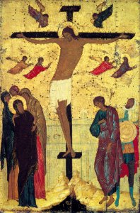 Crucifixion of Jesus, Russian icon by Dionisius, 1500. Free illustration for personal and commercial use.