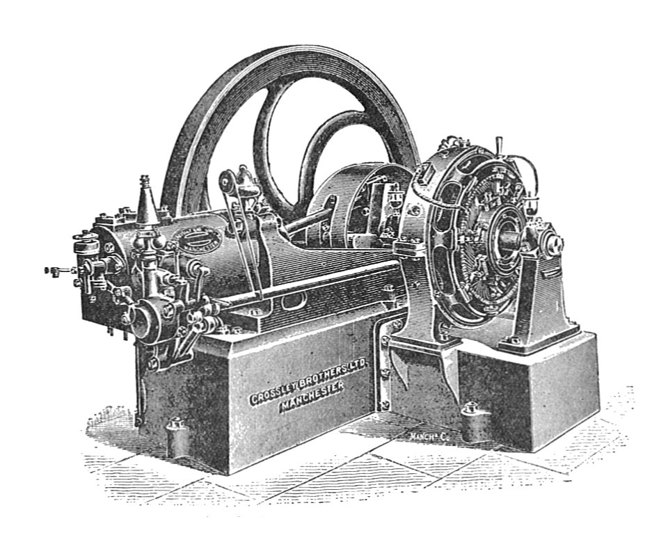 Crossley gas engine and dynamo (Rankin Kennedy, Electrical Installations, Vol III, 1903)