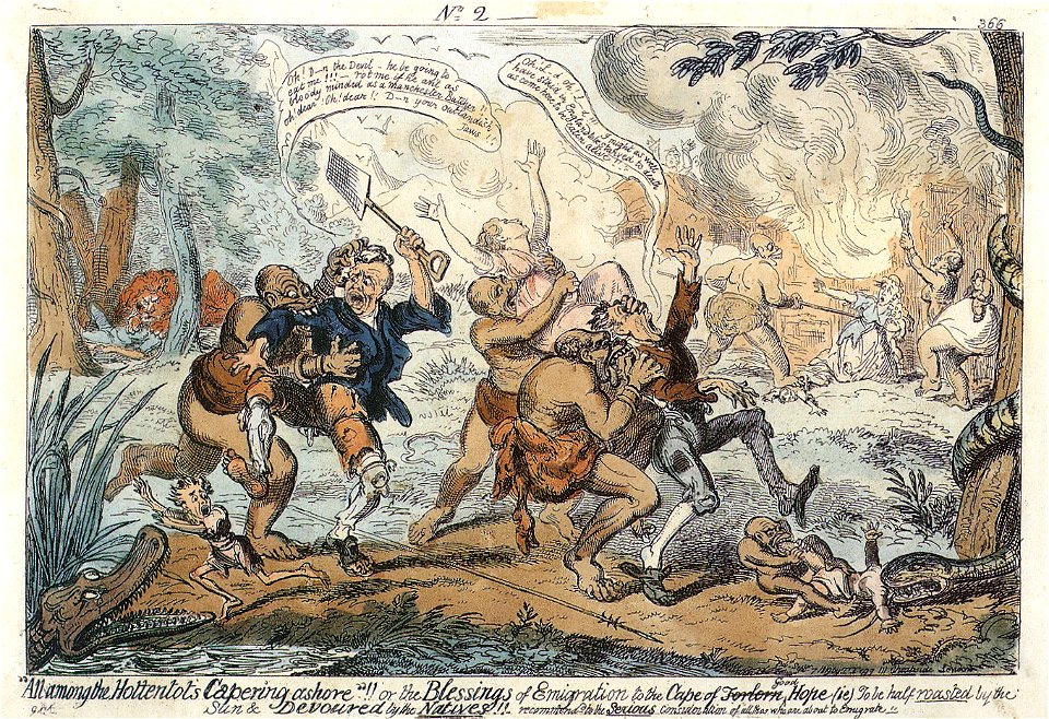 Cruikshank All among the Hottentots capering to shore 1820
