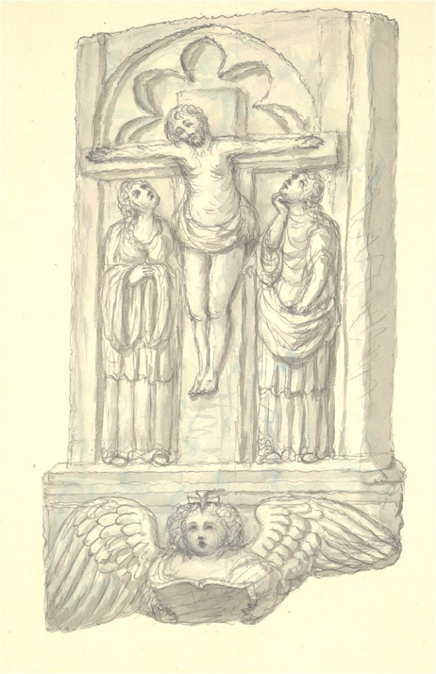 Crucifiction found in the wall of the old church at Halkin, c.1795