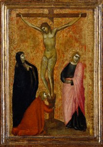 Crucifixion with the Virgin Mary, St. John the Evangelist, and St. Mary Magdalene - Allegretto Nuzi. Free illustration for personal and commercial use.
