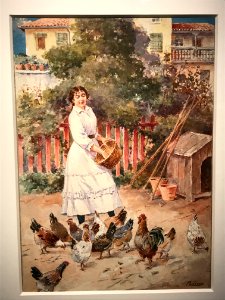 Cuidando el gallinero, watercolor by Mariano Pedrero, collection Museo ABC, 1916