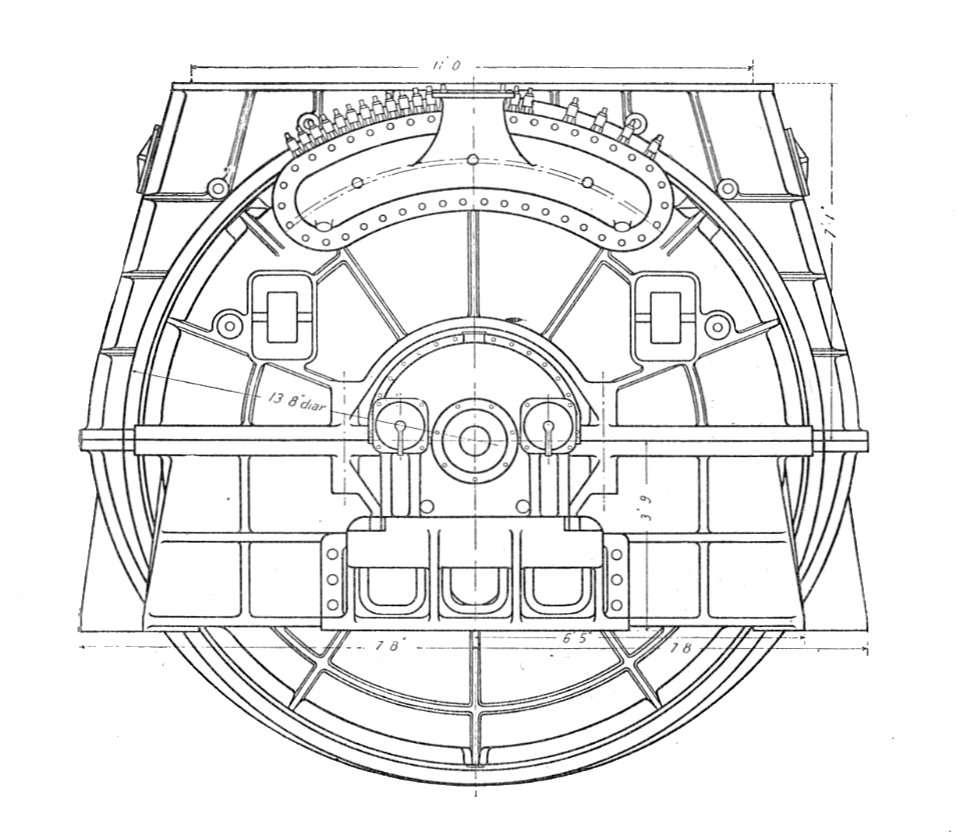 Curtis marine steam turbine, end view (Rankin Kennedy, Modern Engines, Vol VI)