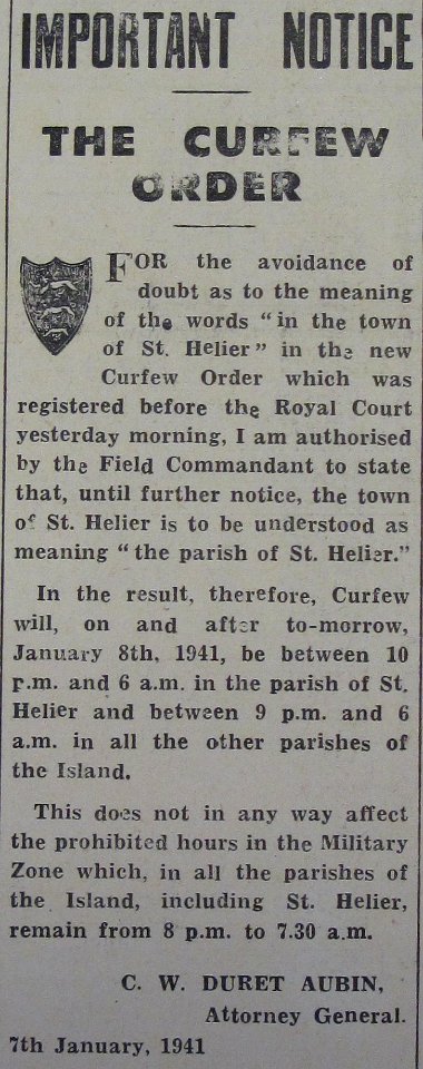 Curfew order Saint Helier 1941 Jersey