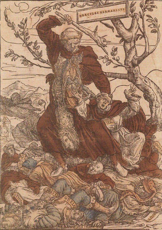 Cut from Luther as Hercules Germanicus, by Hans Holbein the Younger