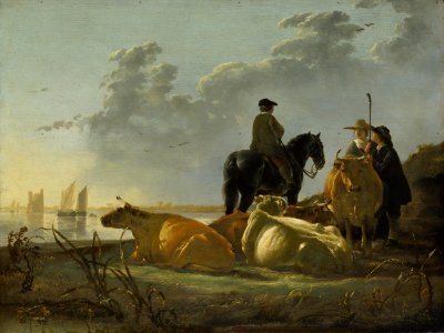Aelbert Cuyp - Peasants with Four Cows by the River Merwede - WGA5825. Free illustration for personal and commercial use.