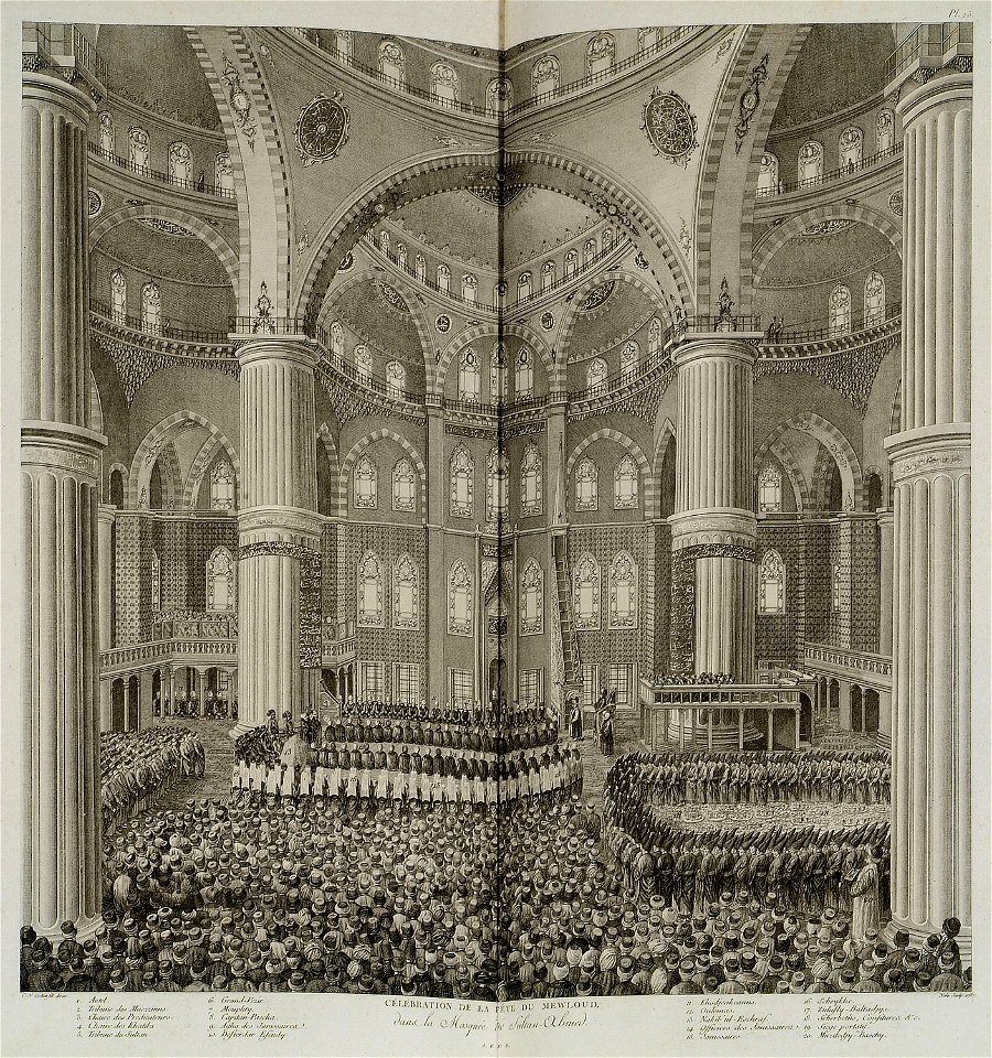 Célébration de la fête du Mewloud, dans la mosquée de Sulatan-Ahmed - D'ohsson Mouradgea - 1787