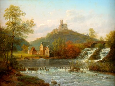 D 19 Jh Flusslandschaft mit Wasserfall und Burgruine