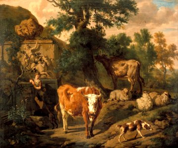 D. van Bergen - Landschap met herder en vee nabij graftombe - NK2645 - Cultural Heritage Agency of the Netherlands Art Collection