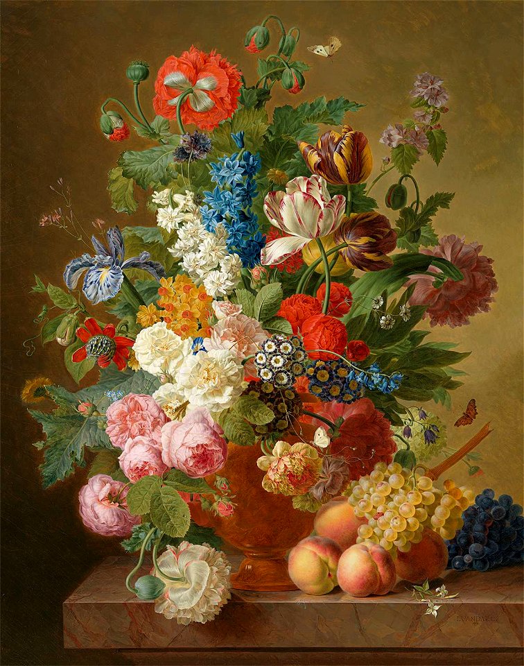 Jan Frans van Dael - Still life of roses, peonies, tulips, auriculas, an iris and other flowers in an alabaster vase with fruit on a stone ledge