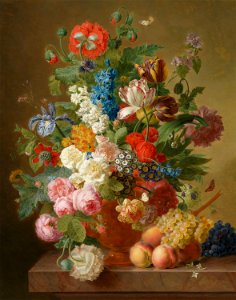Jan Frans van Dael - Still life of roses, peonies, tulips, auriculas, an iris and other flowers in an alabaster vase with fruit on a stone ledge. Free illustration for personal and commercial use.