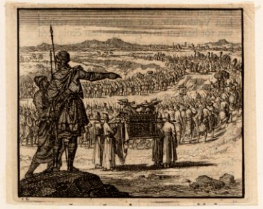 De Israëlieten trekken door de droge Jordaan waarin de Levieten met de verbondsark blijven staan, objectnr A 47816