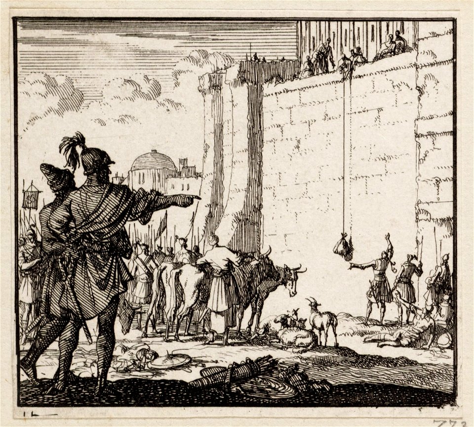 De in de tempel opgesloten Joodse priesters trachten zich voor het paasfeest van offerdieren te voorzien, objectnr A 48218