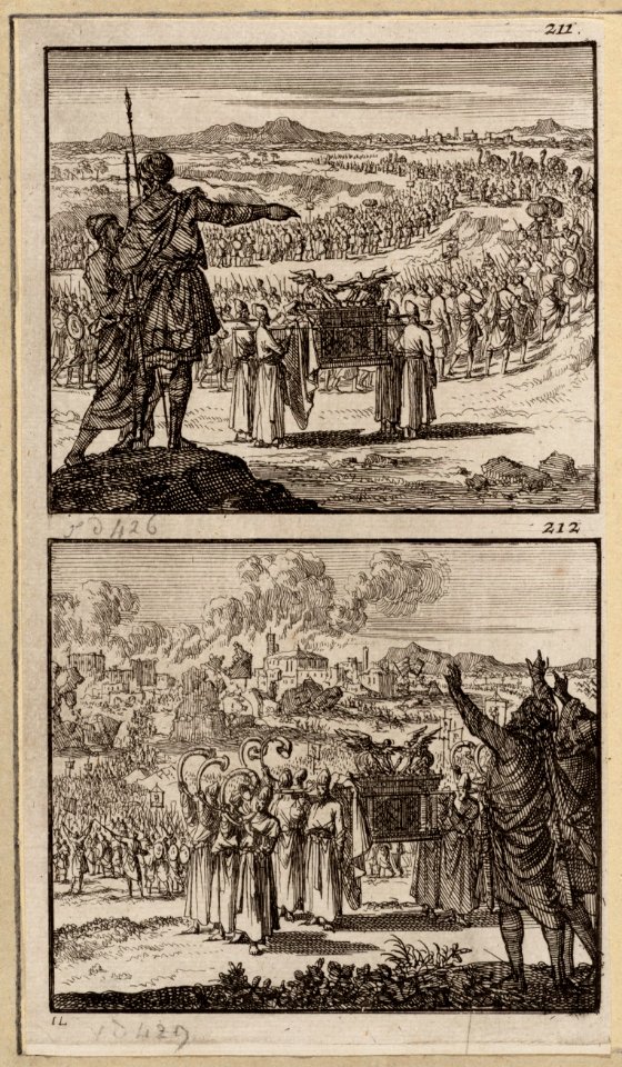 De Israëlieten trekken door de droge Jordaan waarin de Levieten met de verbondsark blijven staan, Verovering van Jericho, objectnr A 48142