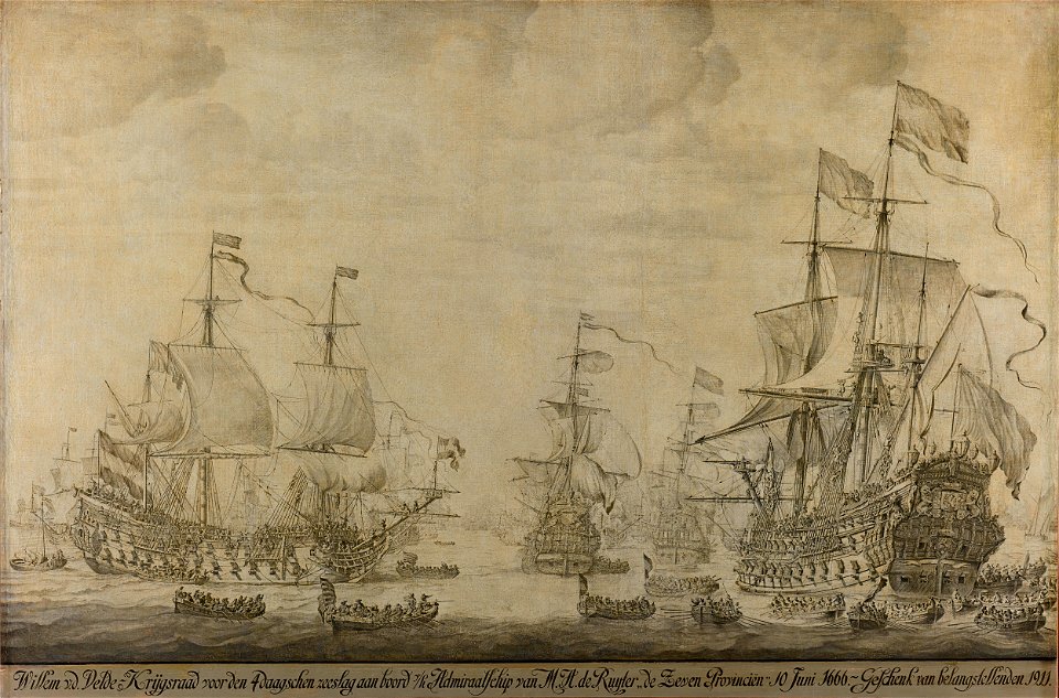De krijgsraad aan boord van de 'De Zeven Provinciën', het admiraalsschip van Michiel Adriaensz de Ruyter, 10 juni 1666, voorafgaande aan de vierdaagse zeeslag, episode uit de Tweede Engelse Rijksmuseum SK-A-4289