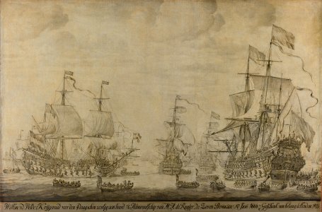 De krijgsraad aan boord van de 'De Zeven Provinciën', het admiraalsschip van Michiel Adriaensz de Ruyter, 10 juni 1666, voorafgaande aan de vierdaagse zeeslag, episode uit de Tweede Engelse Rijksmuseum SK-A-4289