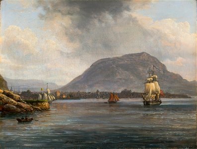 Johan Christian Dahl - Bergen seen from the Northern Inlet - Bergens våg - KODE Art Museums and Composer Homes - BB.M.00981. Free illustration for personal and commercial use.