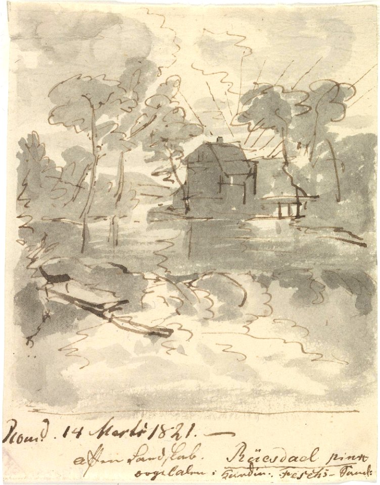 Johan Christian Dahl - Waterfall with a hilly landscape with a house, copy after Jacob van Ruisdael - Landskap. Etter Jacob van Ruisdael - Nasjonalmuseet - NG.K&H.B.08039