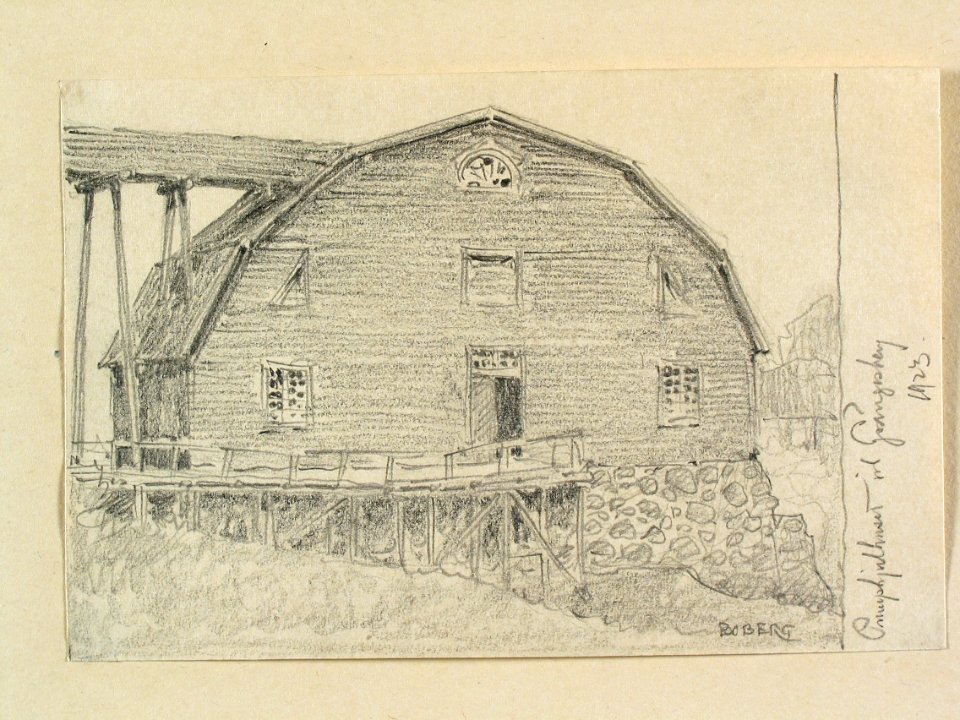 Dalarna, Grangärde sn., Grängesberg. Pumphjulhuset vid Grängesberg . Teckning av Ferdinand Boberg - Nordiska museet - NMA.0088763