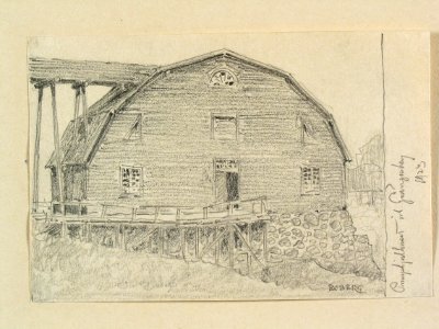 Dalarna, Grangärde sn., Grängesberg. Pumphjulhuset vid Grängesberg . Teckning av Ferdinand Boberg - Nordiska museet - NMA.0088763