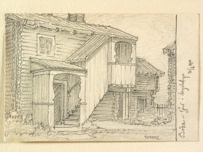 Dalarna, Boda sn., Boda. Gård i kyrkbyn. Teckning av Ferdinand Boberg - Nordiska museet - NMA.0088075