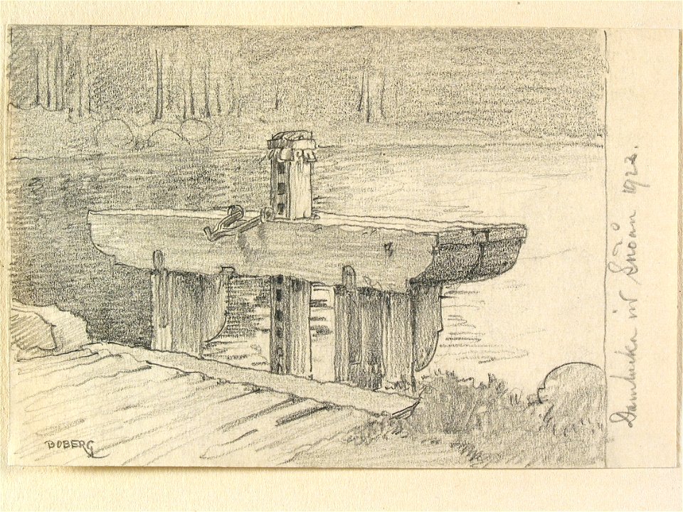 Dalarna, Jerna sn. Dammlucka vid Snöån. Teckning av Ferdinand Boberg - Nordiska museet - NMA.0088092