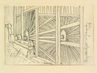 Dalarna, Grangärde sn. Pumpvattenhjulet vid Grängesberg . Teckning av Ferdinand Boberg - Nordiska museet - NMA.0088764