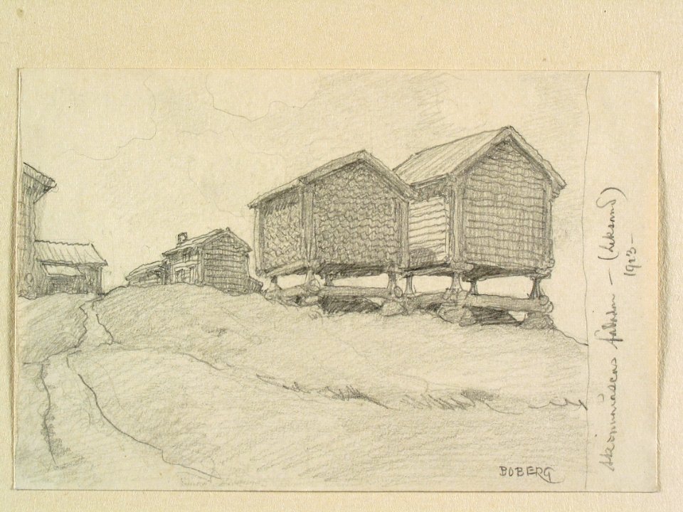 Dalarna, Leksands sn., Skinnaråsens fäbodar. Teckning av Ferdinand Boberg - Nordiska museet - NMA.0088103