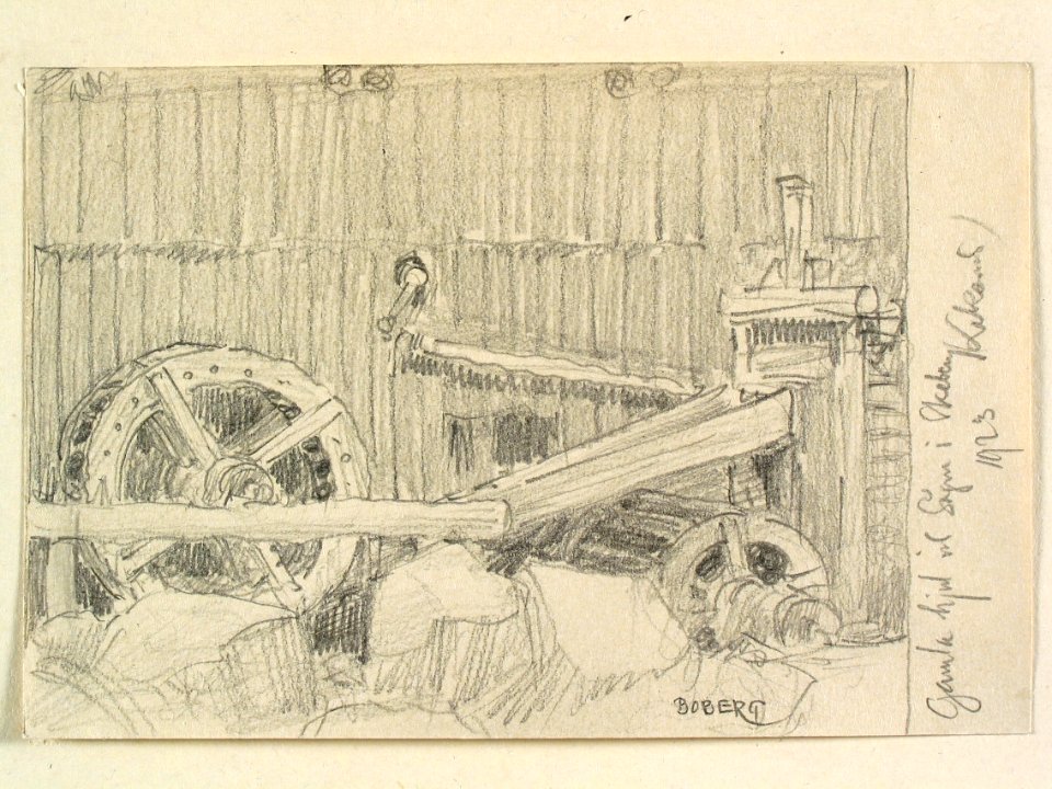 Dalarna, Leksands sn. Gamla hjul vid sågen i Skeberg . Teckning av Ferdinand Boberg - Nordiska museet - NMA.0088101