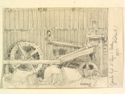 Dalarna, Leksands sn. Gamla hjul vid sågen i Skeberg . Teckning av Ferdinand Boberg - Nordiska museet - NMA.0088101