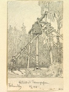 Dalarna, Ludvika sn., Fredmundsberg. Hästvind vid Tremangruvan . Teckning av Ferdinand Boberg - Nordiska museet - NMA.0088754