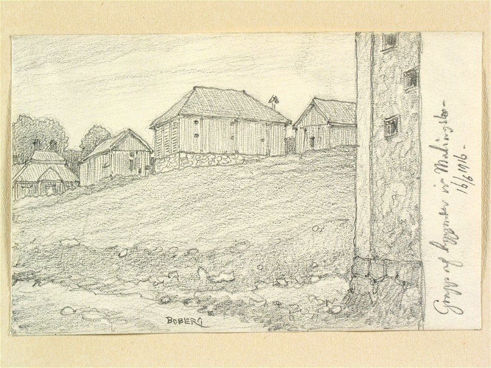 Dalarna, Malingsbo sn. Grupp af byggnader vid Malingsbo . Teckning av Ferdinand Boberg - Nordiska museet - NMA.0088777