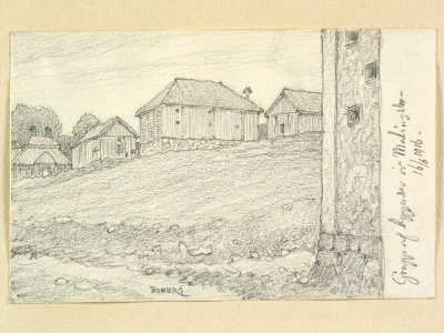 Dalarna, Malingsbo sn. Grupp af byggnader vid Malingsbo . Teckning av Ferdinand Boberg - Nordiska museet - NMA.0088777