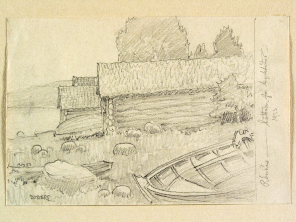 Dalarna, Leksands sn., Rönnäs. Båtlador för kyrkbåtar. Teckning av Ferdinand Boberg - Nordiska museet - NMA.0088098