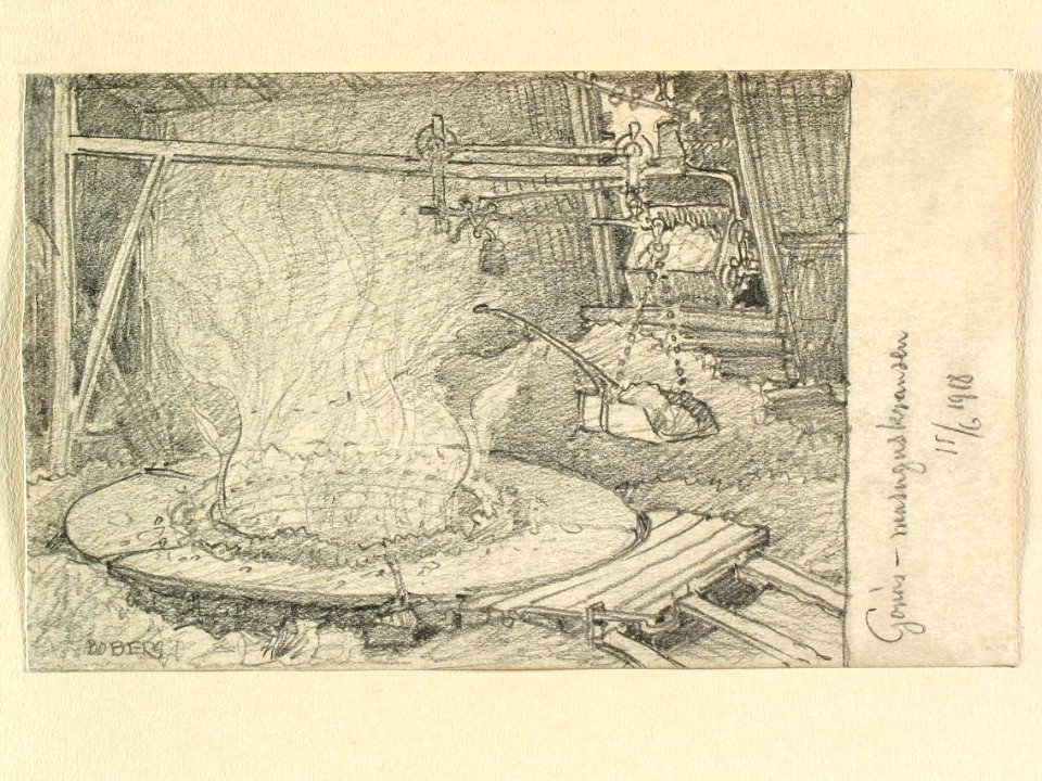 Dalarna, Ludvika sn., Gonäs. Masugnskrans. Teckning av Ferdinand Boberg - Nordiska museet - NMA.0088759