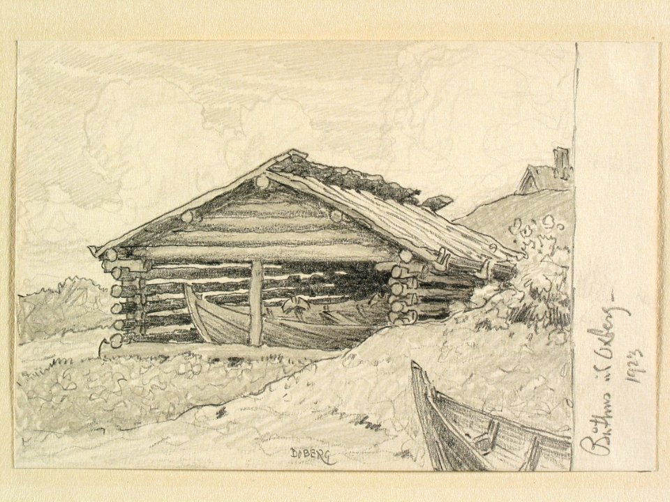 Dalarna, Mora sn.. Båthus vid Oxberg. Teckning av Ferdinand Boberg - Nordiska museet - NMA.0088122