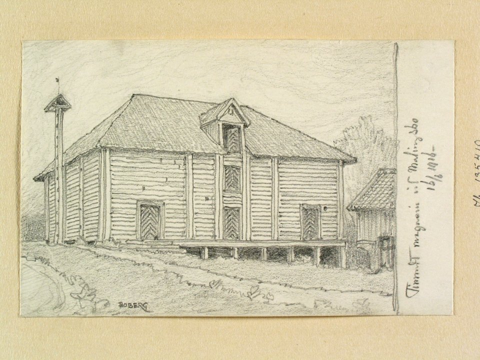 Dalarna, Malingsbo sn. Timrat magasin vid Malingsbo . Teckning av Ferdinand Boberg - Nordiska museet - NMA.0088774