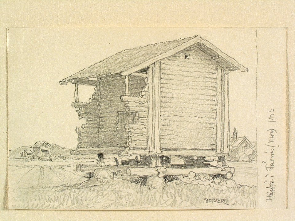 Dalarna, Mora sn., Färnäs. Härbre. Teckning av Ferdinand Boberg - Nordiska museet - NMA.0088116
