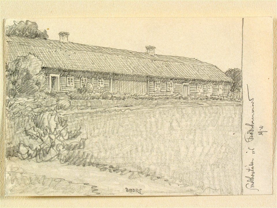 Dalarna, Orsa sn., Fredshammar. Smedbostäder. Teckning av Ferdinand Boberg - Nordiska museet - NMA.0088756