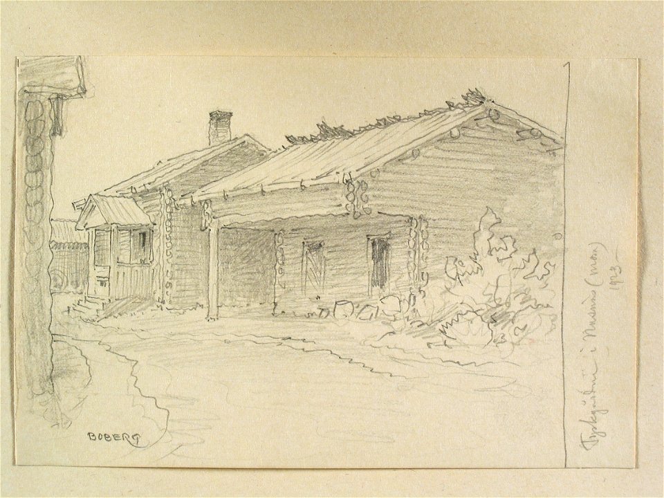 Dalarna, Mora sn., Nusnäs, Tyskgården. Teckning av Ferdinand Boberg - Nordiska museet - NMA.0088121