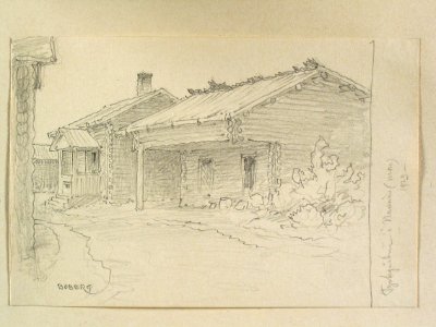 Dalarna, Mora sn., Nusnäs, Tyskgården. Teckning av Ferdinand Boberg - Nordiska museet - NMA.0088121